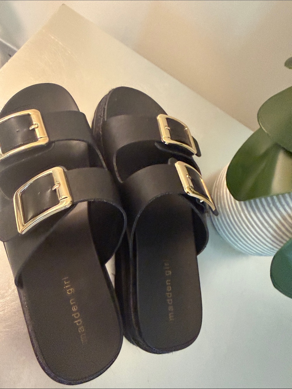 Madden Girl Black Slide Sandals with Gold Buckles